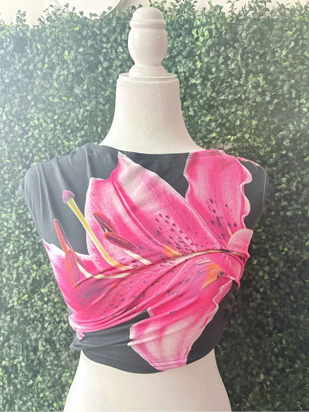 SHEIN Black Crop Top with Hot Pink Floral Twist
